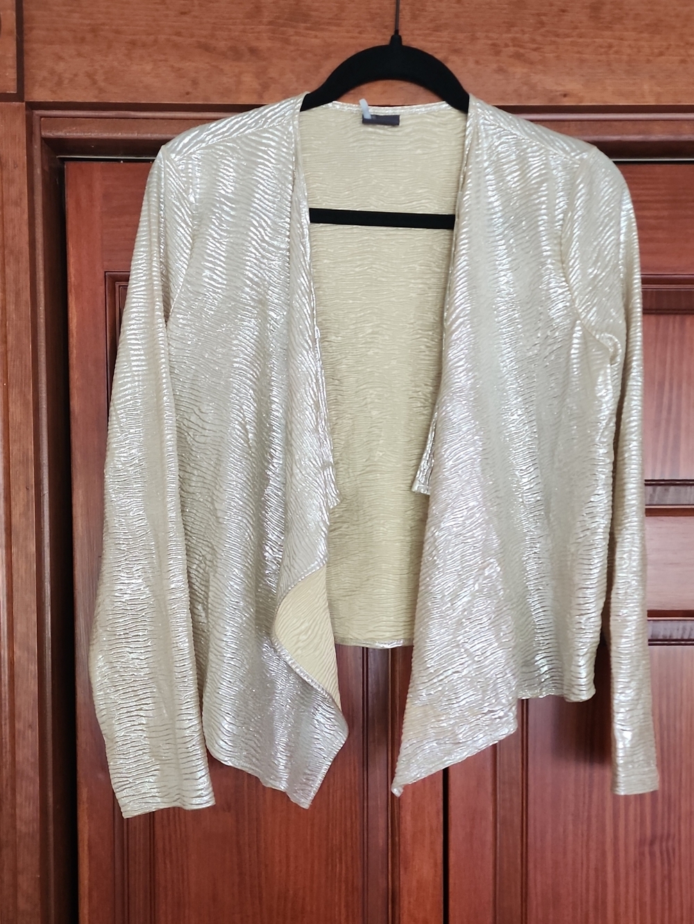 Sparkle & Fade Metallic Gold Draped Open Cardigan